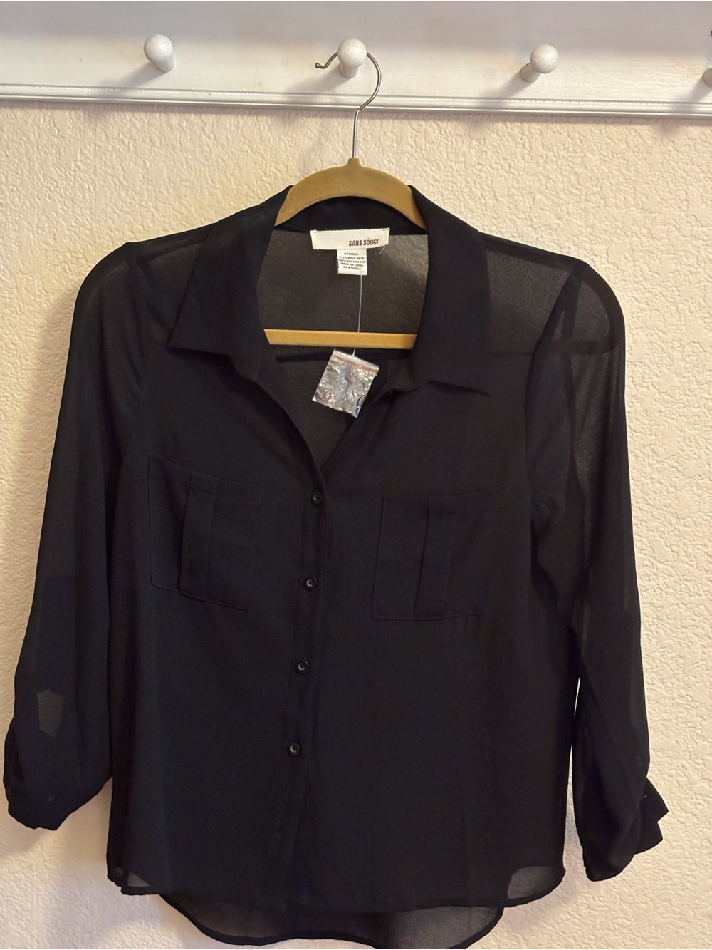Sans Souci Black Sheer Collared Button-Down Blouse